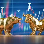 Golden bull and bear on stock data chart background. Investing, stock exchange financial